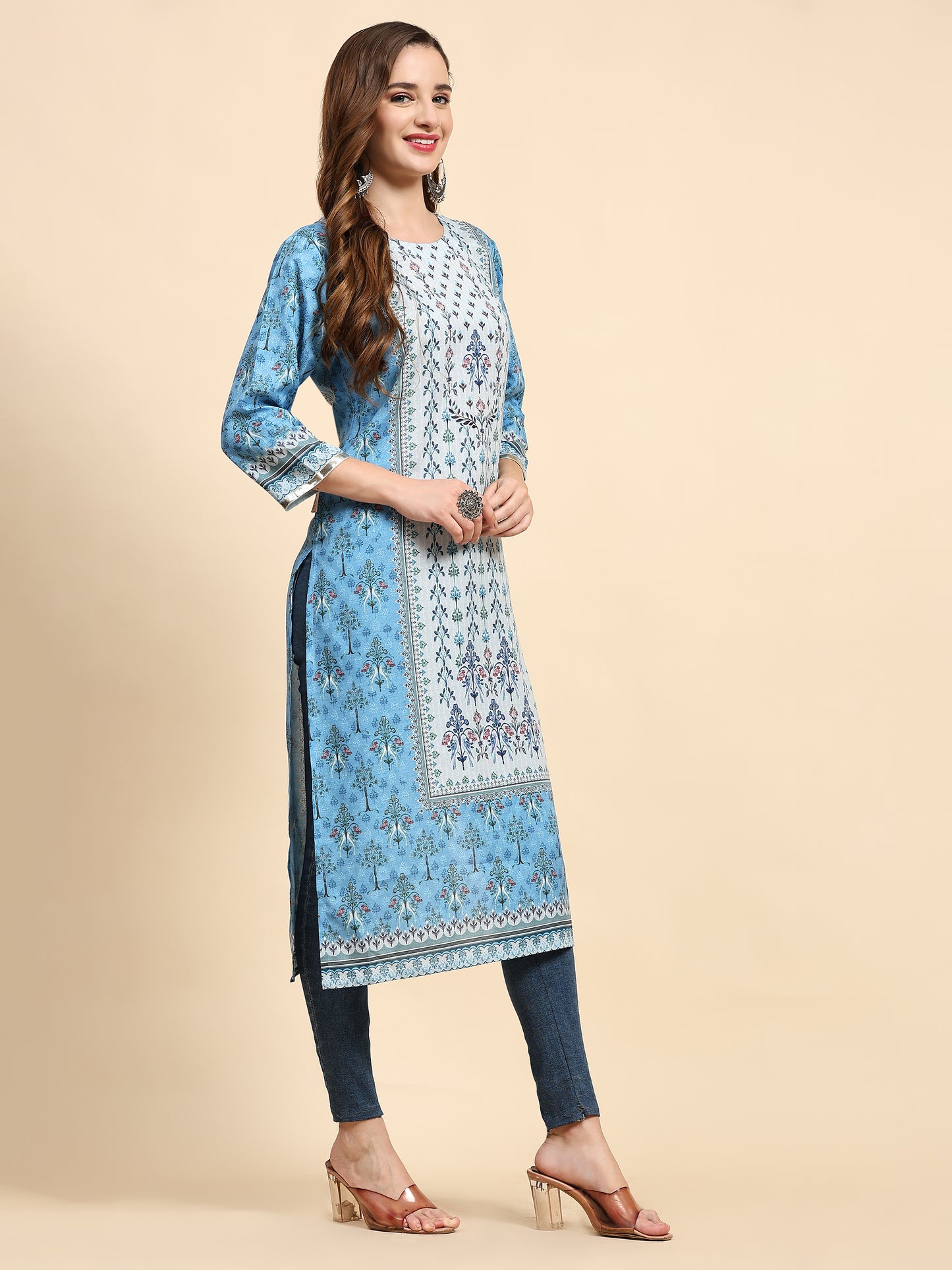 Blue Floral Printed Muslin Kurta