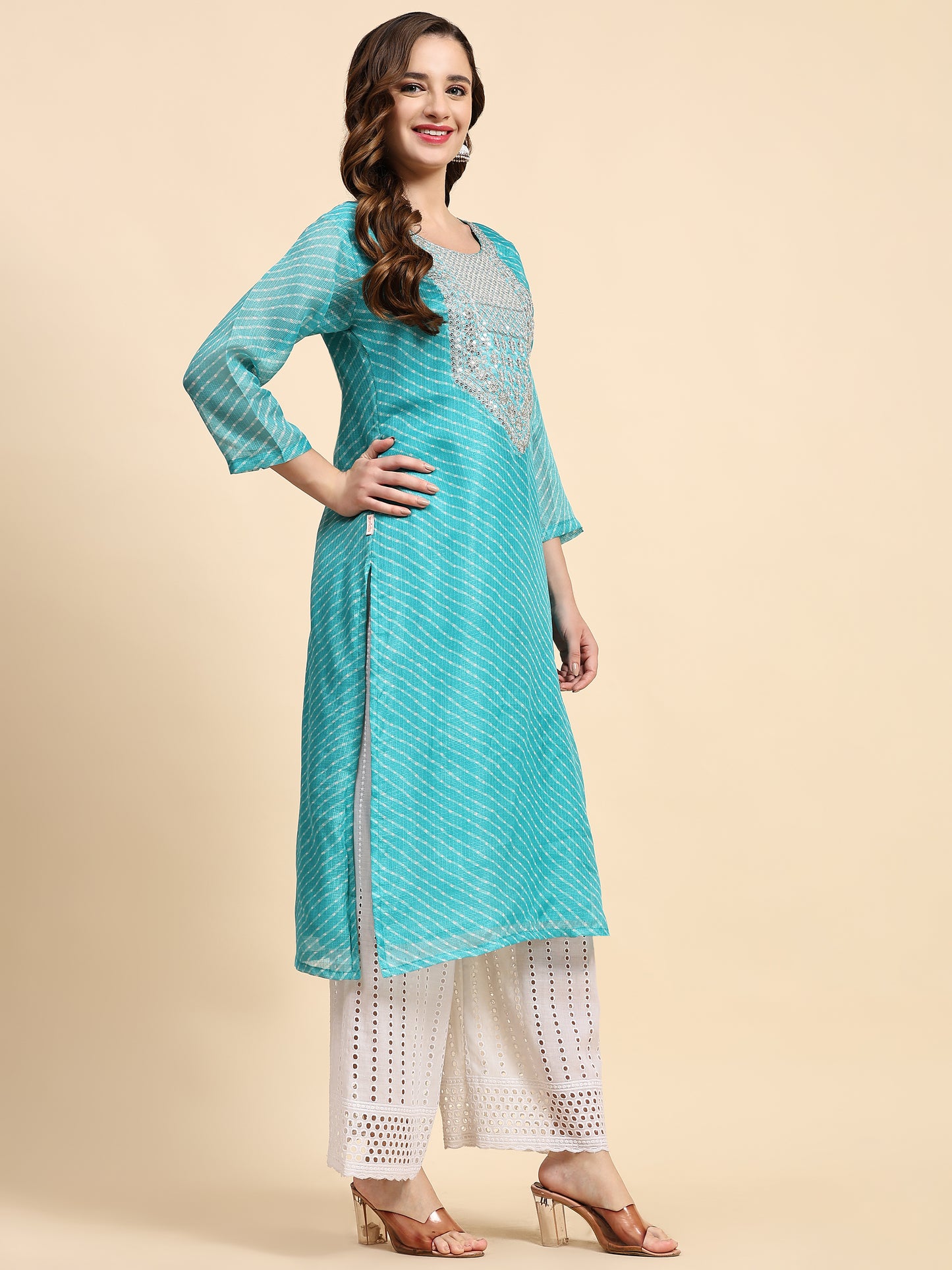 Teal Blue Embroidered Cotton Kurta with Trousers
