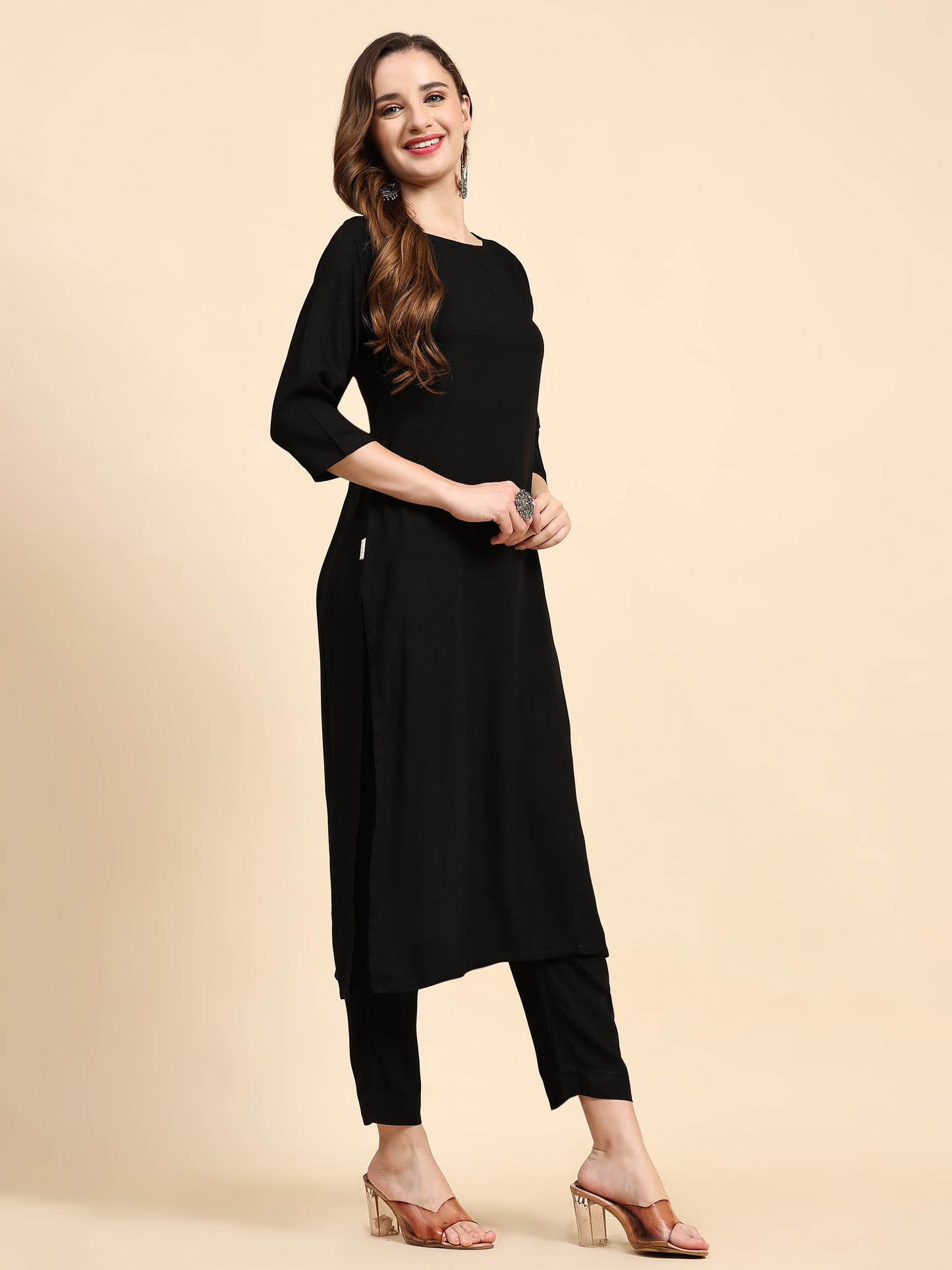 Solid Black Rayon Straight Kurta Set