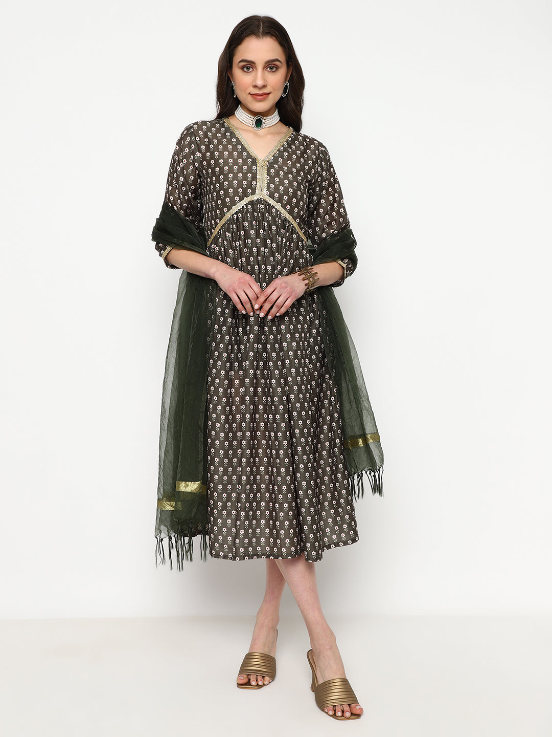 Ethnic Black Emborderd & Printed Kurta With Duppata