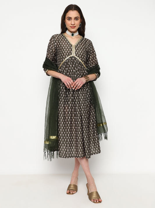 Ethnic Black Emborderd & Printed Kurta With Duppata