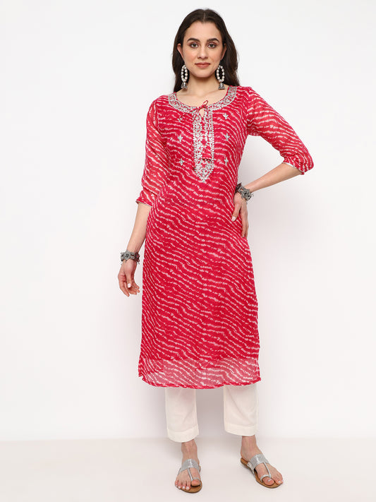 Red Printed Cotton Straight Kurta Set