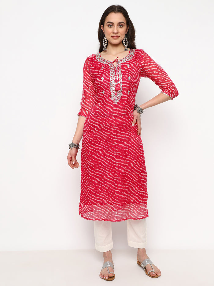 Red Printed Cotton Straight Kurta Set