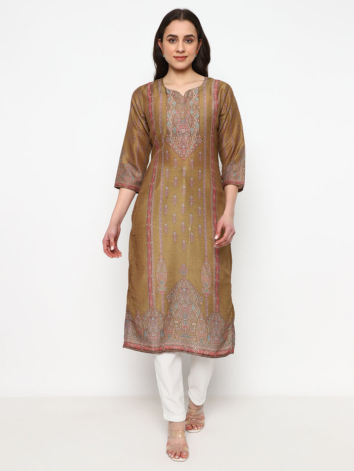 Brown Printed Cotton Kurta Set