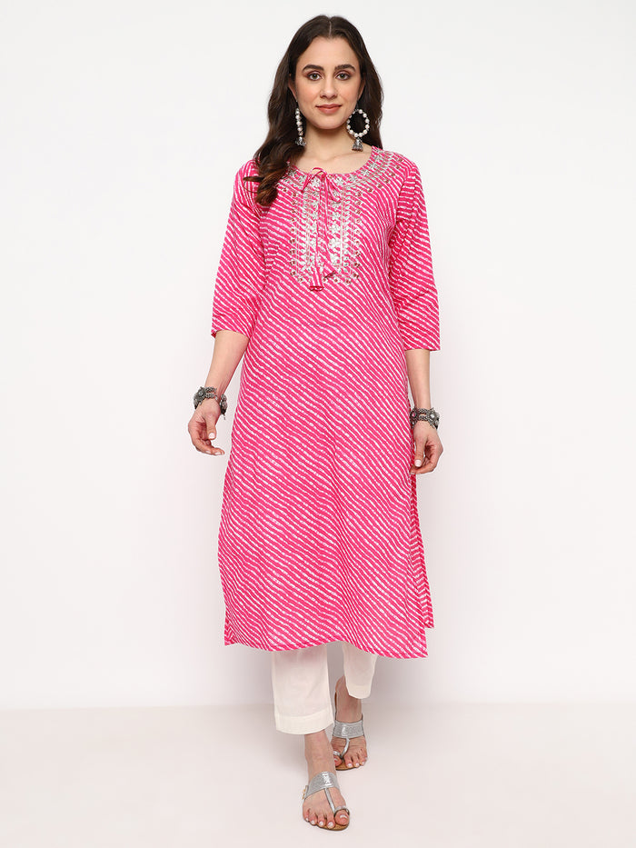 Pink Embroidered Cotton Kurta Set