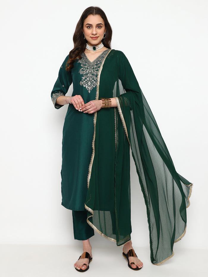Green Chinnon Embroidered Kurta Set with Dupatta