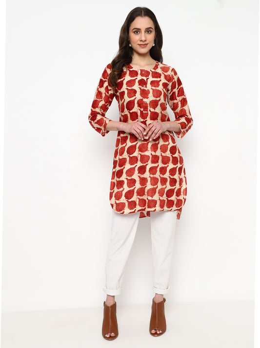 Rust Red Printed Cotton Short Kurti