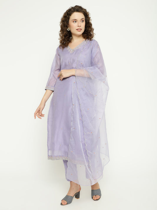 Lavender Chanderi Kurta Set with Embroidered Dupatta