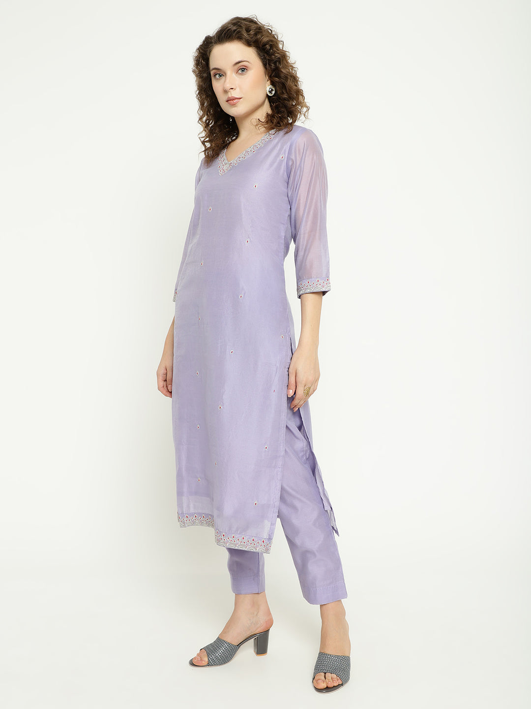Lavender Chanderi Kurta Set with Embroidered Dupatta