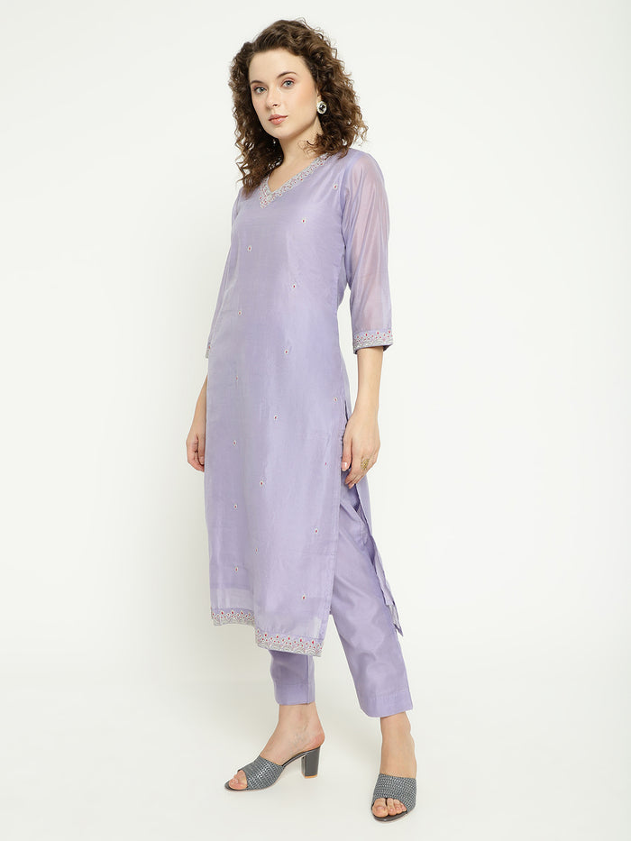 Lavender Chanderi Kurta Set with Embroidered Dupatta