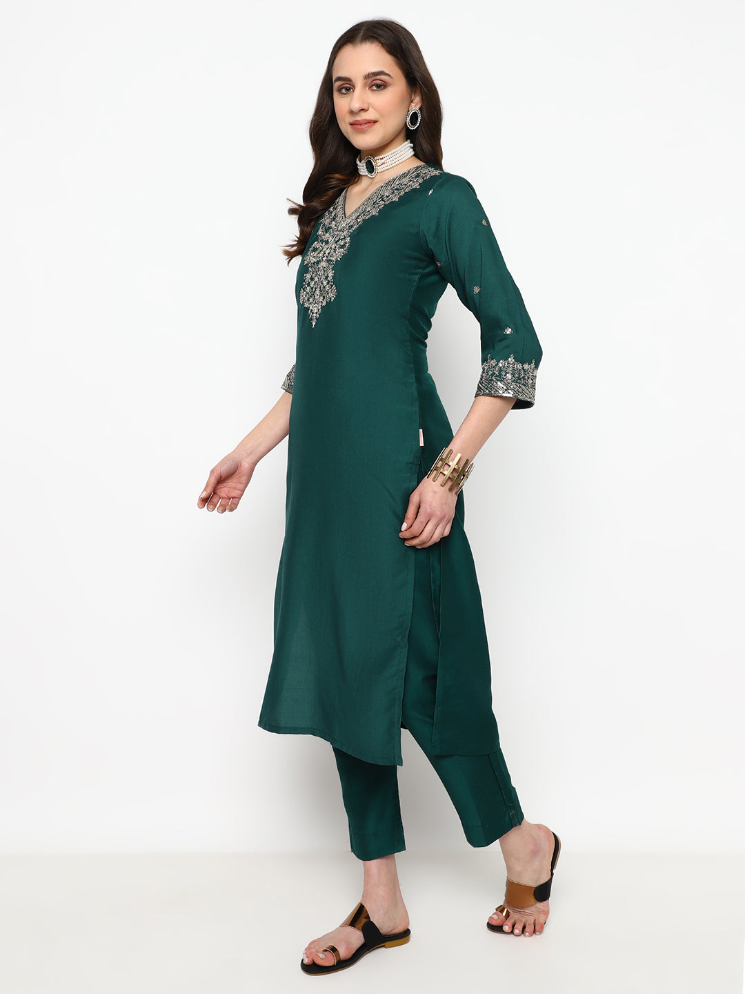 Green Chinnon Embroidered Kurta Set with Dupatta