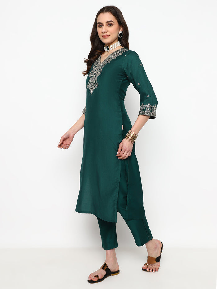 Green Chinnon Embroidered Kurta Set with Dupatta