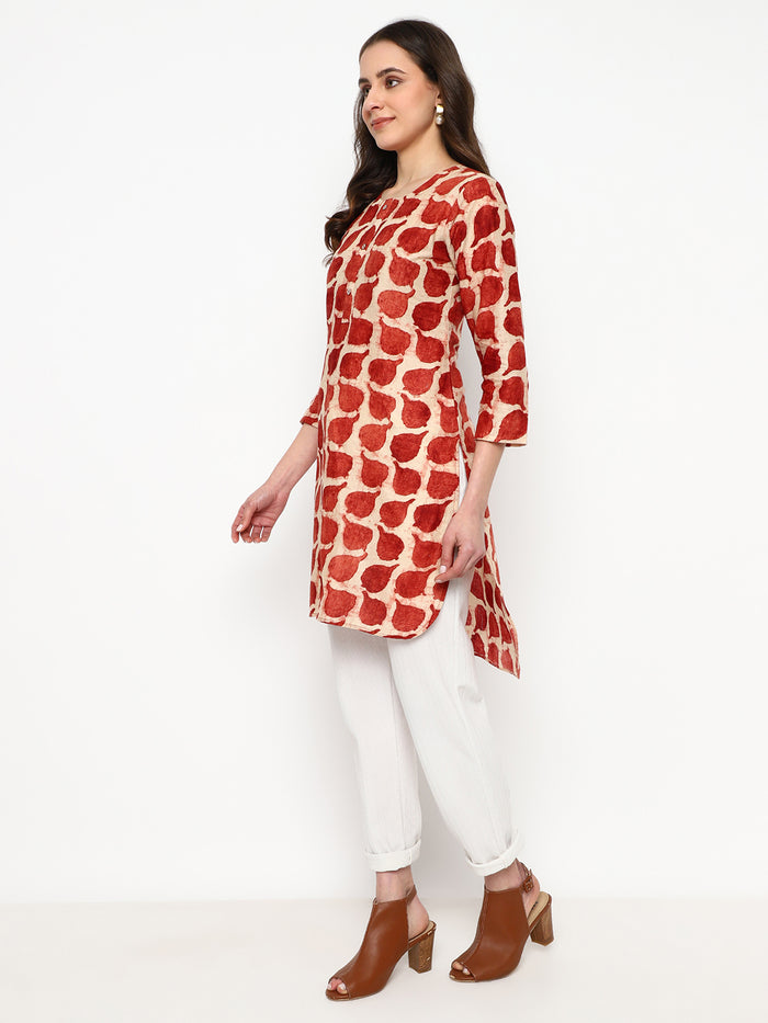 Rust Red Printed Cotton Short Kurti