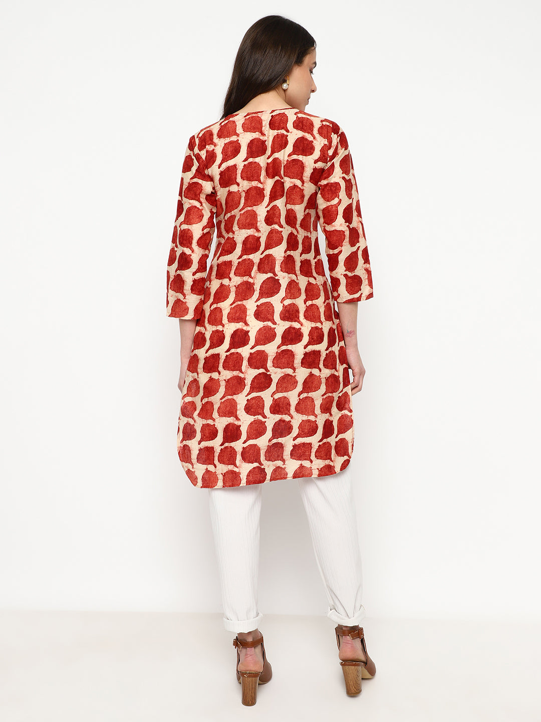 Rust Red Printed Cotton Short Kurti