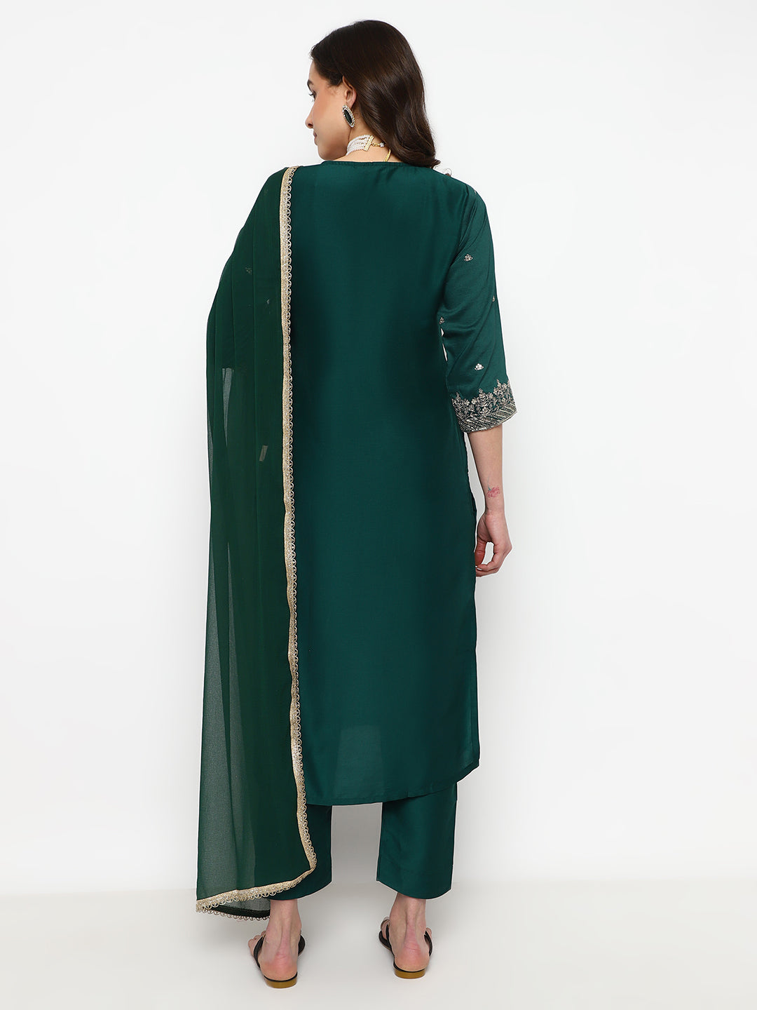 Green Chinnon Embroidered Kurta Set with Dupatta
