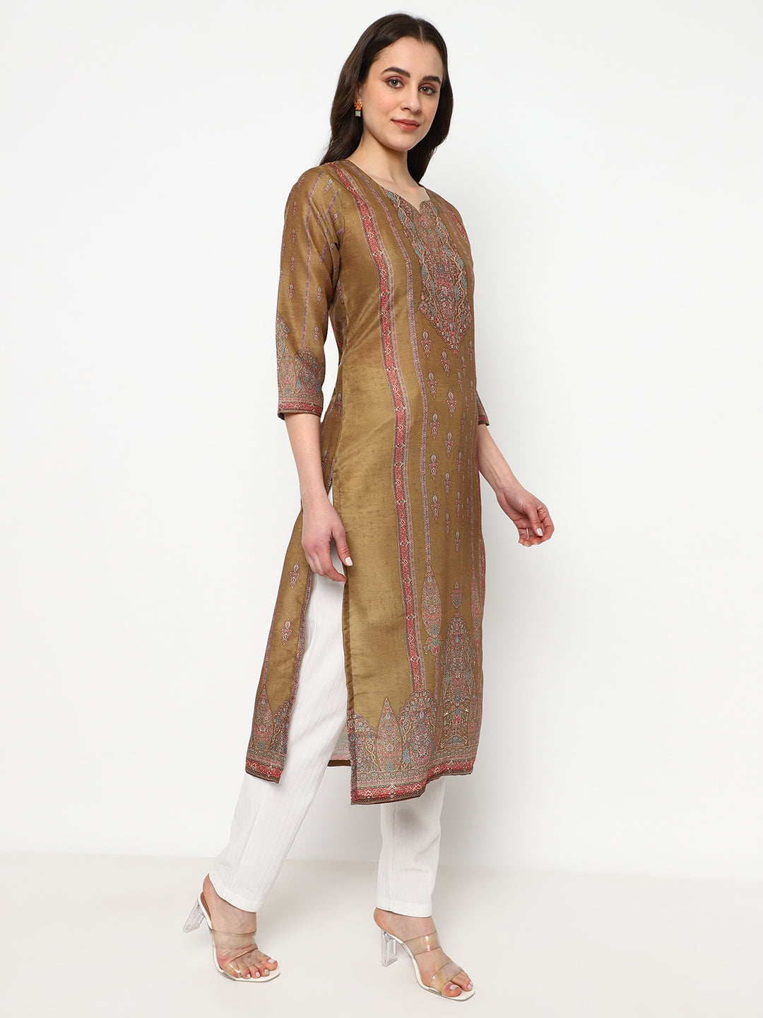 Brown Printed Cotton Kurta Set