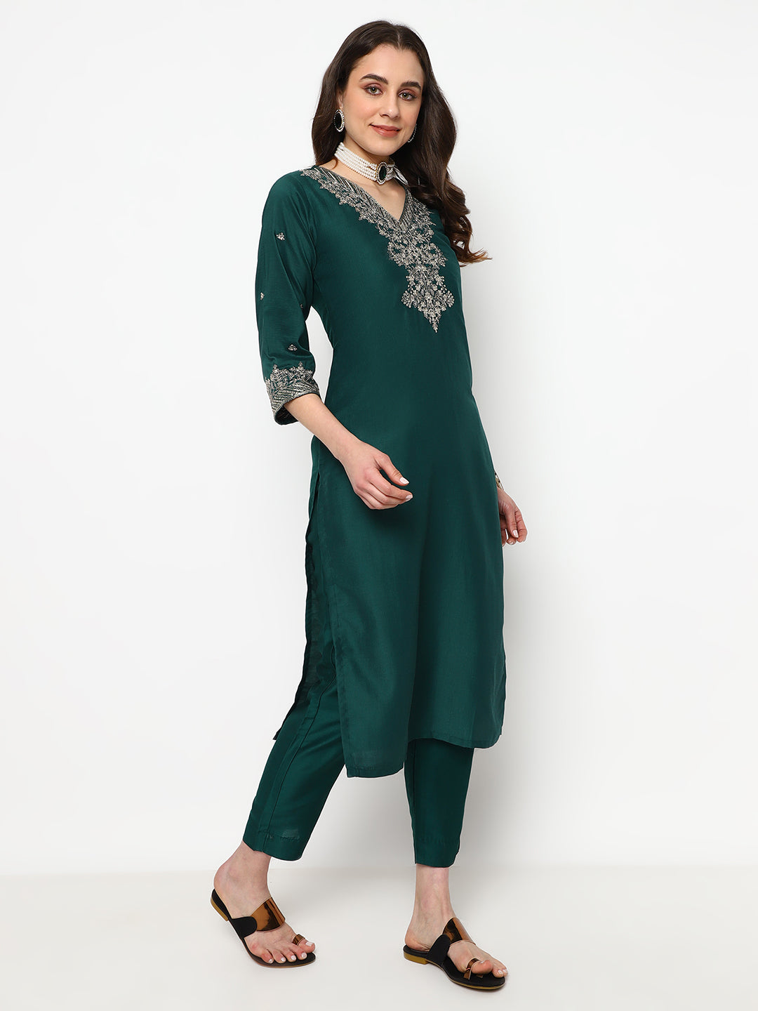 Green Chinnon Embroidered Kurta Set with Dupatta