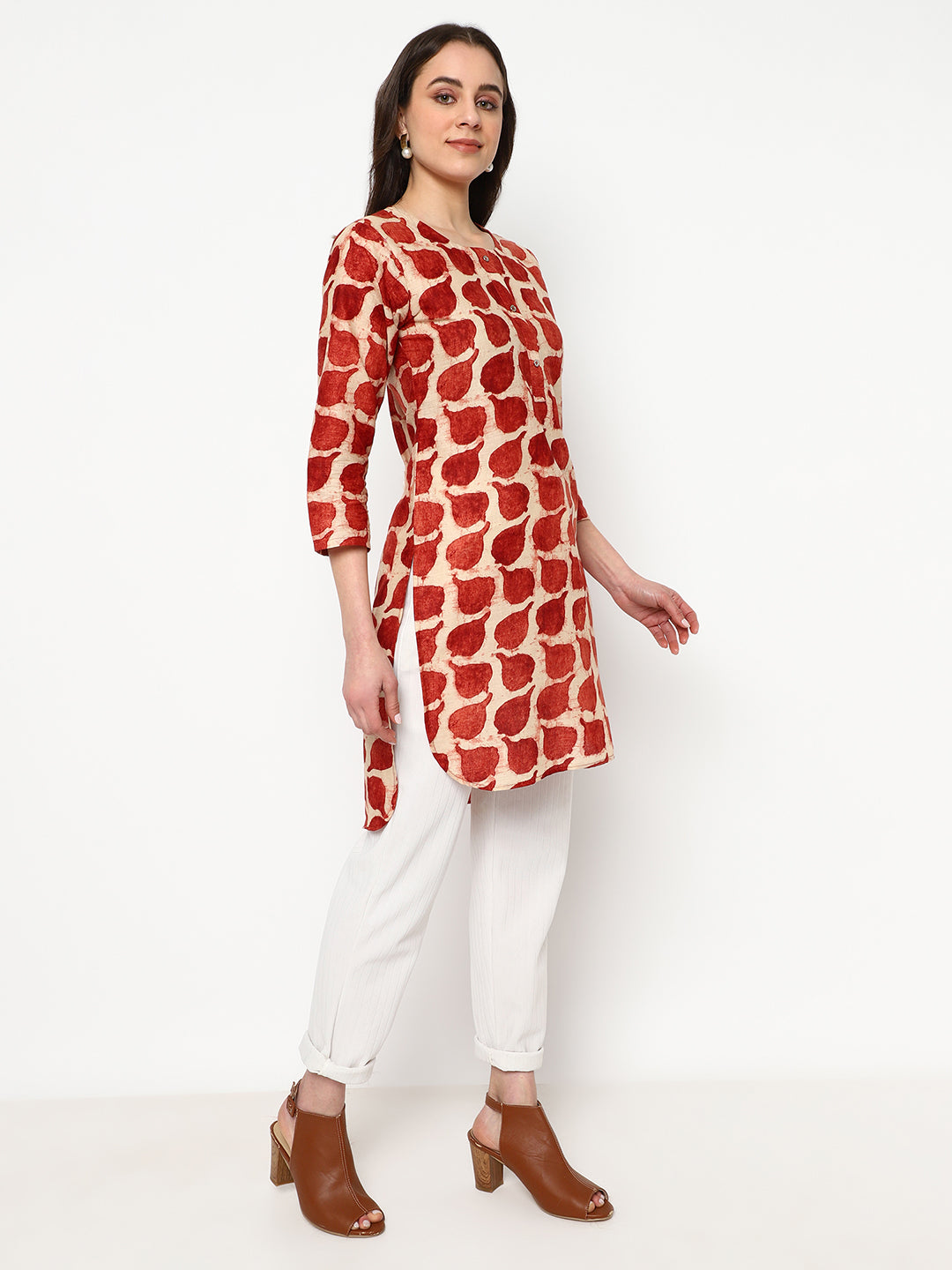 Rust Red Printed Cotton Short Kurti