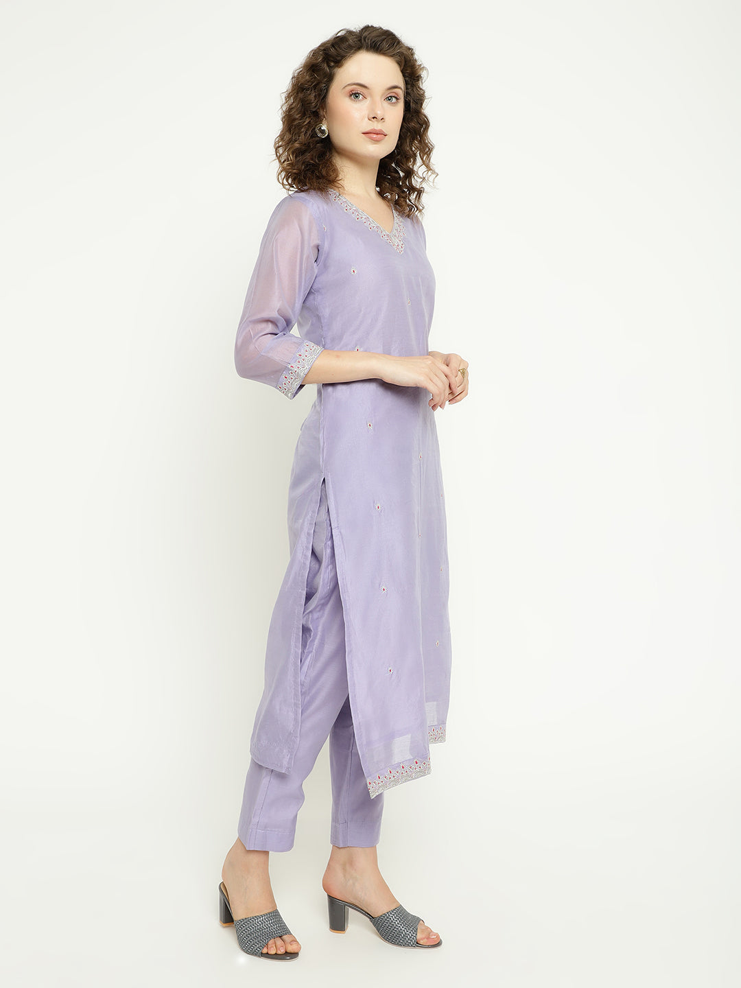 Lavender Chanderi Kurta Set with Embroidered Dupatta