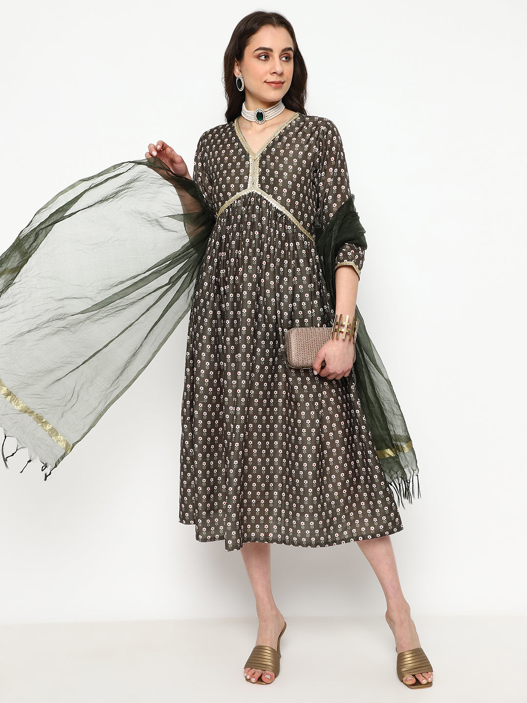 Ethnic Black Emborderd & Printed Kurta With Duppata
