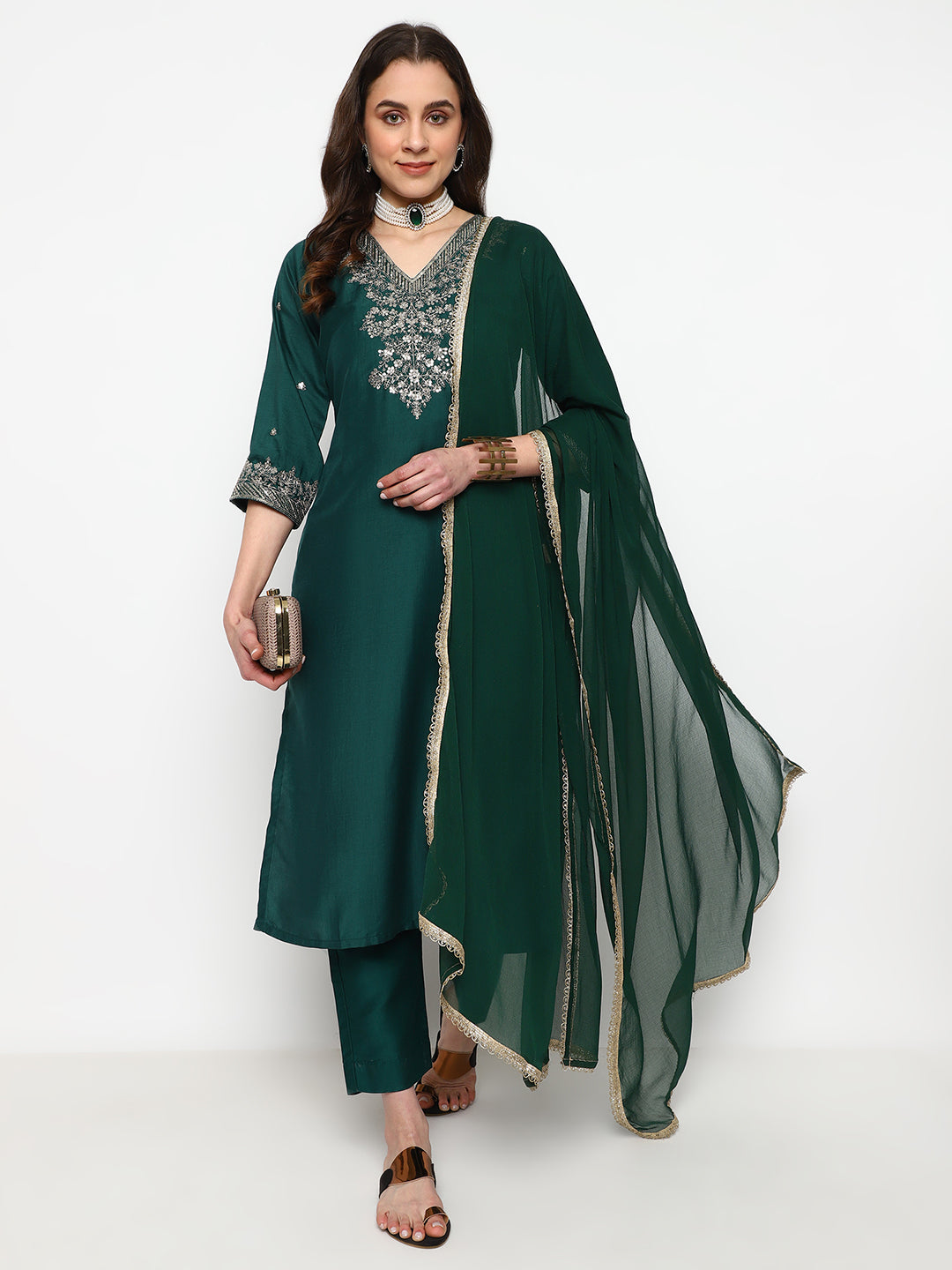 Green Chinnon Embroidered Kurta Set with Dupatta