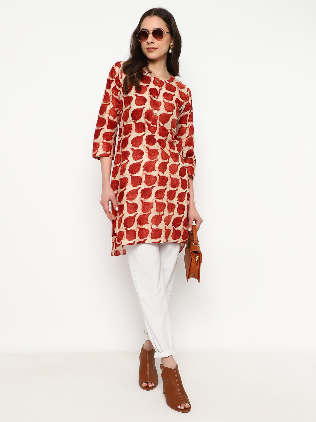 Rust Red Printed Cotton Short Kurti
