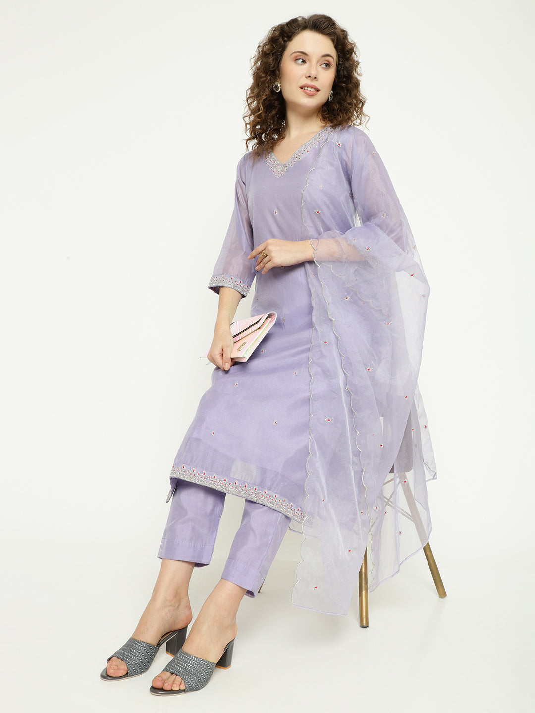 Lavender Chanderi Kurta Set with Embroidered Dupatta