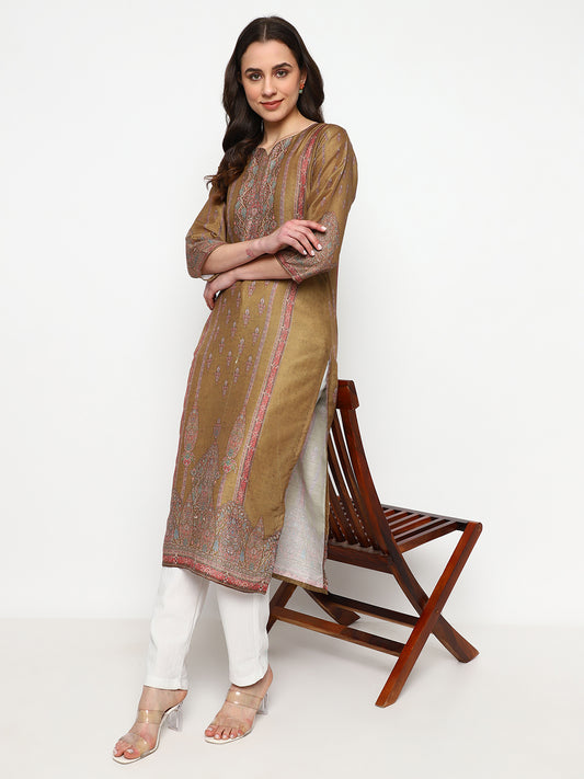 Brown Printed Cotton Kurta Set