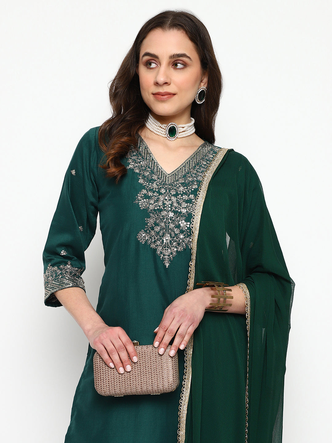 Green Chinnon Embroidered Kurta Set with Dupatta