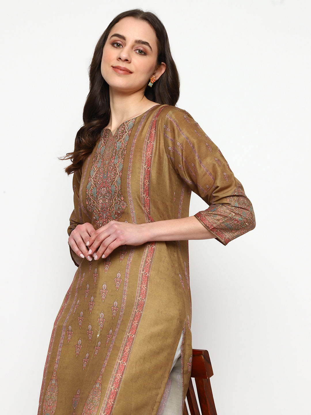 Brown Printed Cotton Kurta Set