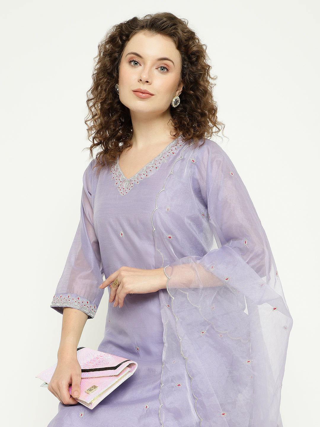 Lavender Chanderi Kurta Set with Embroidered Dupatta