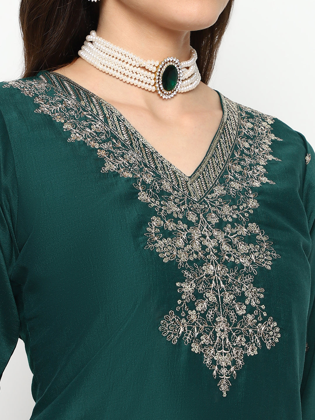 Green Chinnon Embroidered Kurta Set with Dupatta
