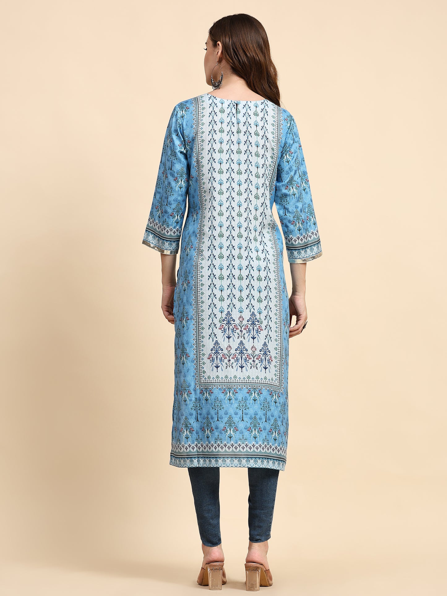 Blue Floral Printed Muslin Kurta