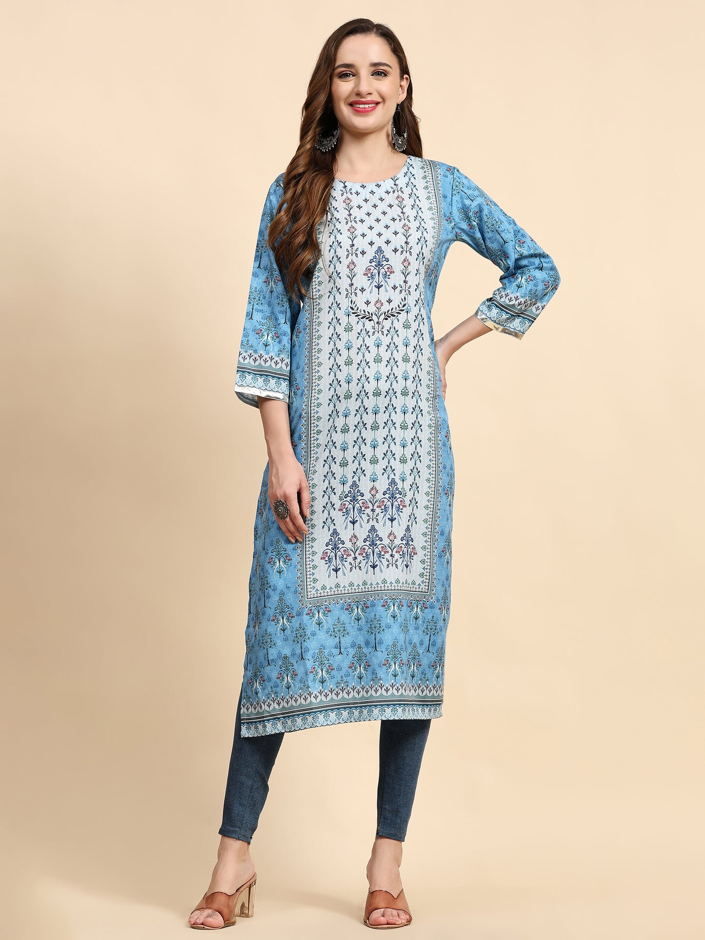 Blue Floral Printed Muslin Kurta