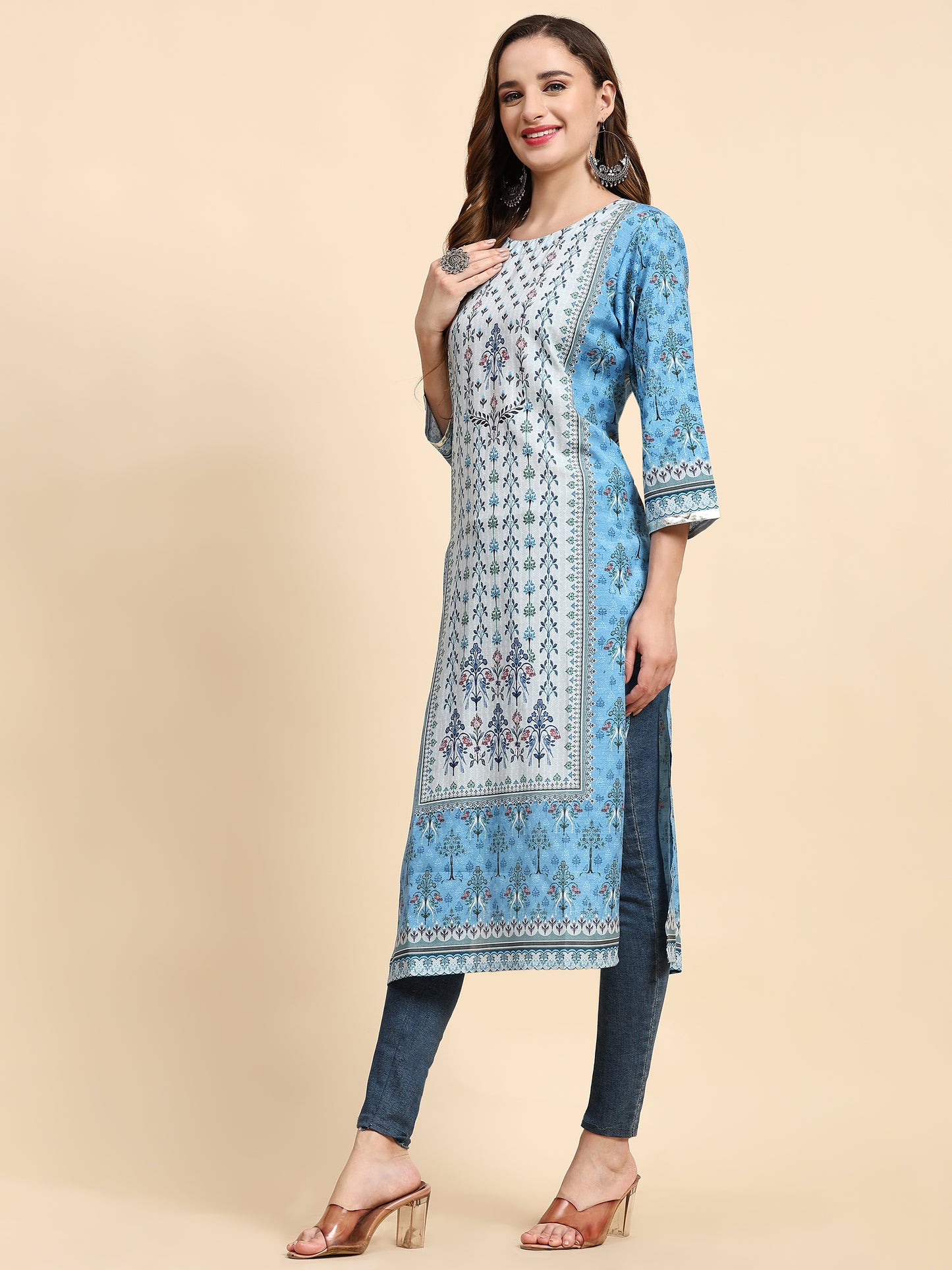 Blue Floral Printed Muslin Kurta