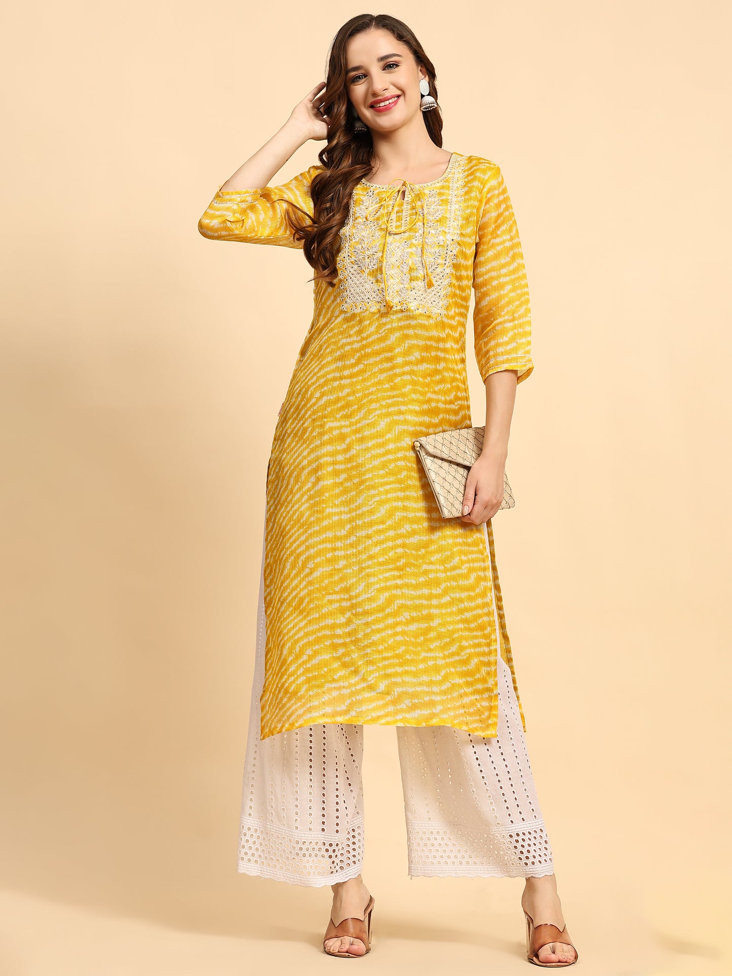 Yellow Printed Cotton Kurta with Trousers