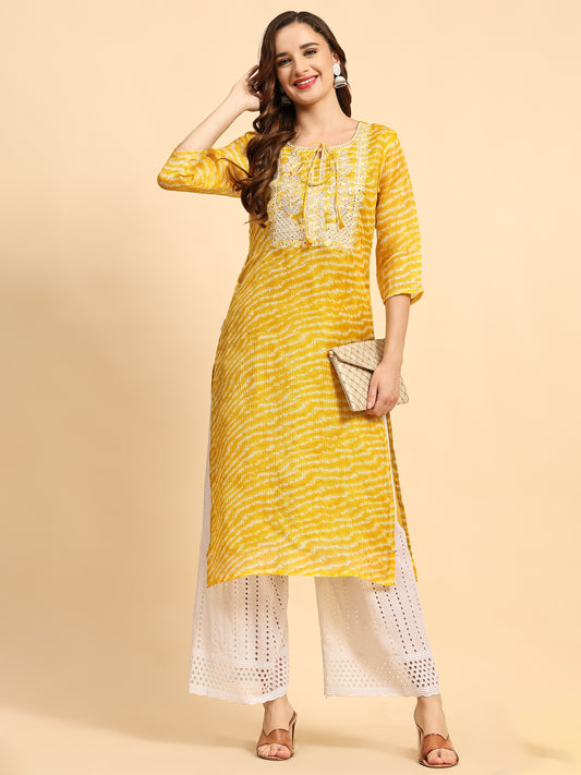 Yellow Printed Cotton Kurta with Trousers