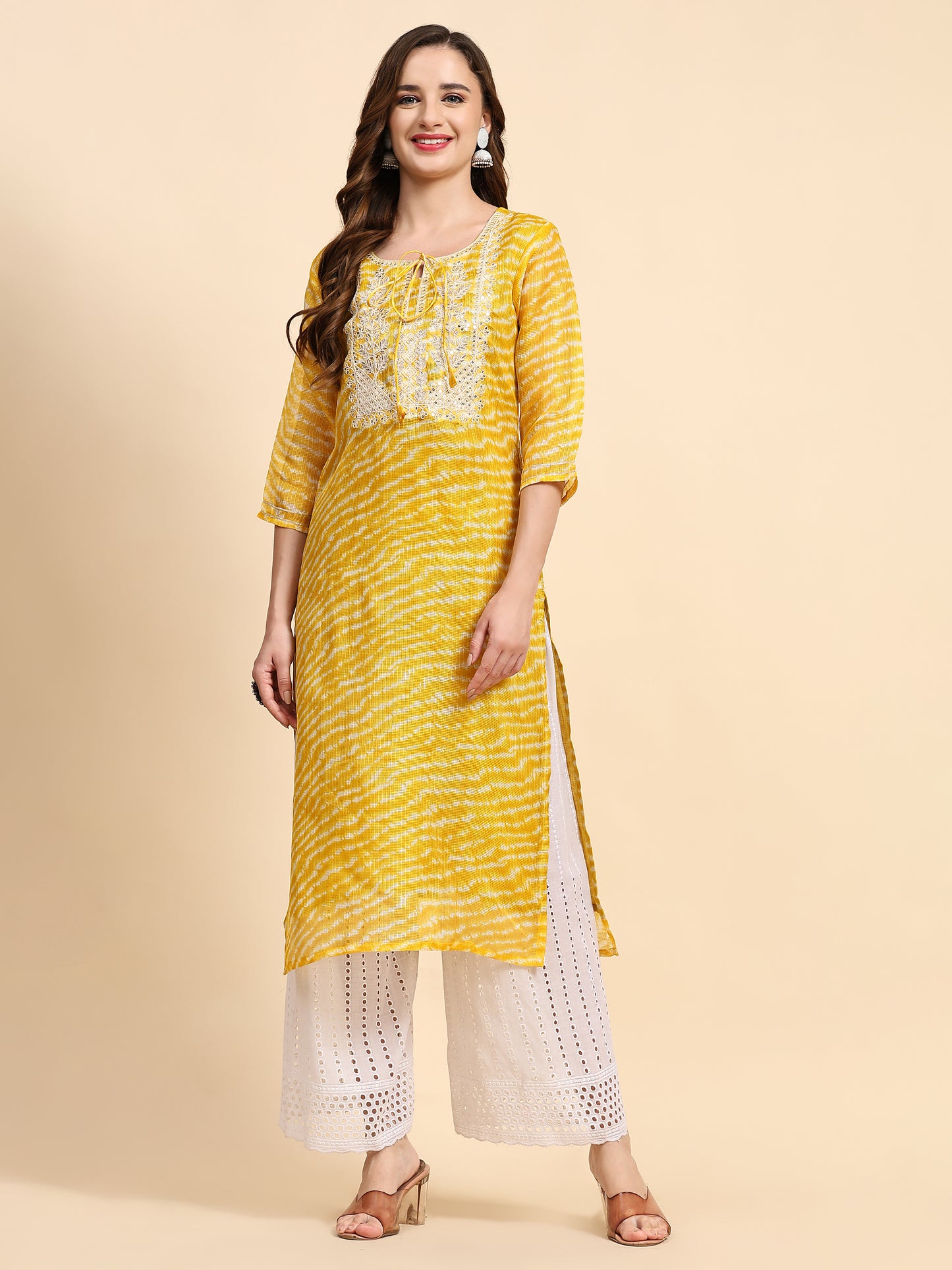 Yellow Printed Cotton Kurta with Trousers