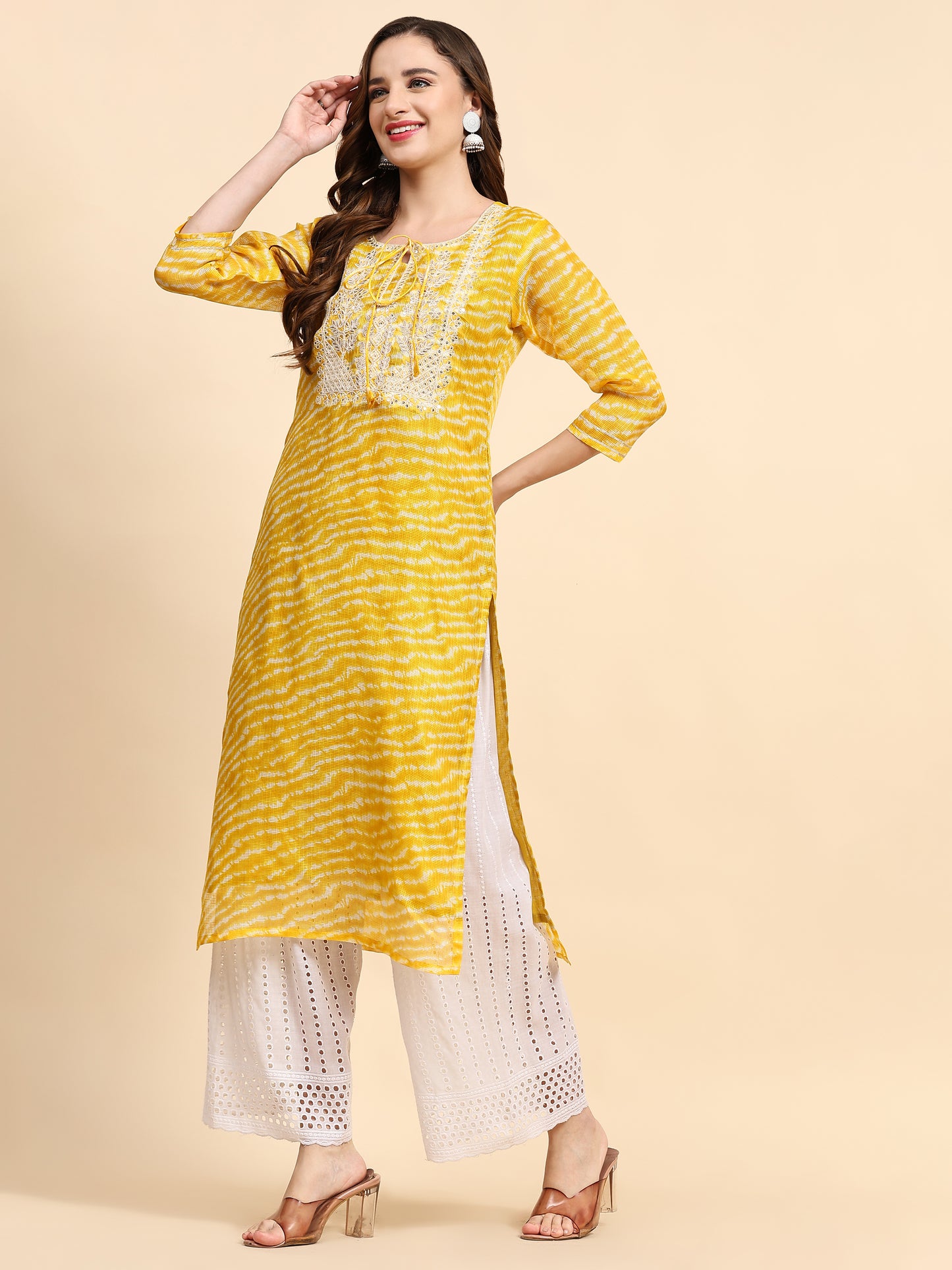 Yellow Printed Cotton Kurta with Trousers