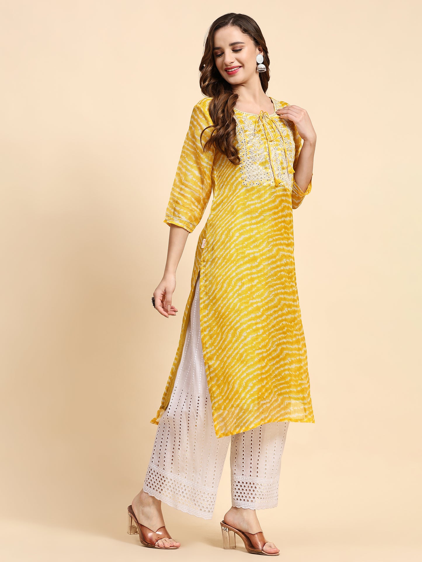 Yellow Printed Cotton Kurta with Trousers