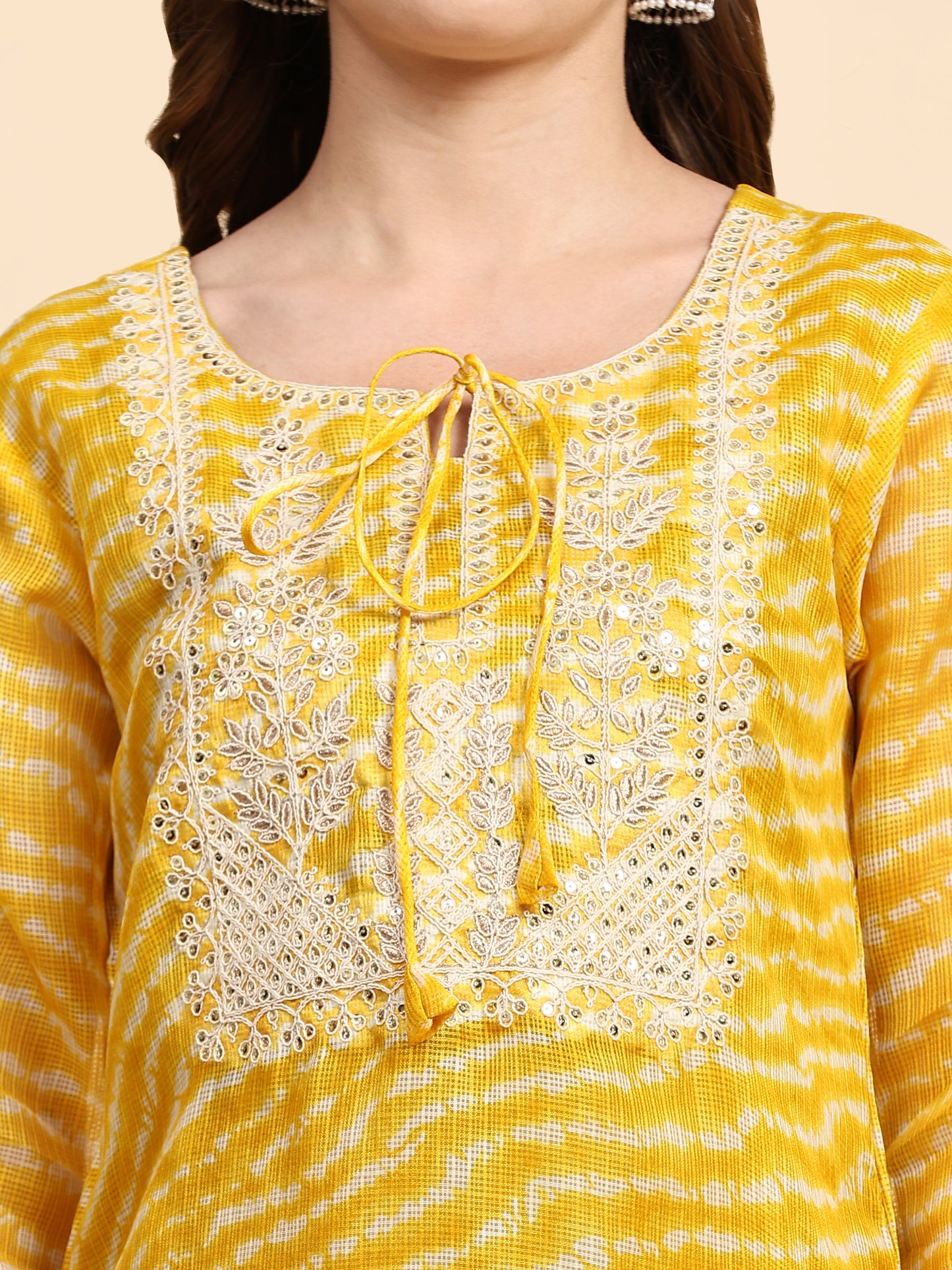 Yellow Printed Cotton Kurta with Trousers