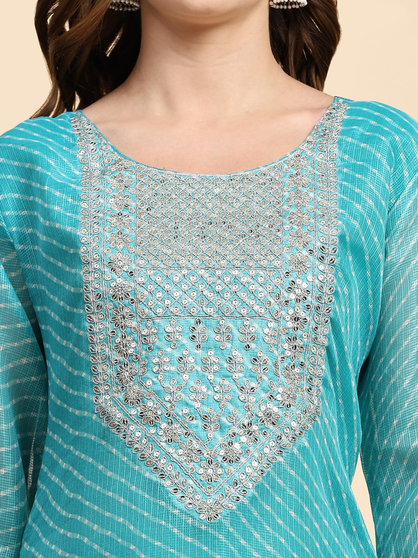 Teal Blue Embroidered Cotton Kurta with Trousers