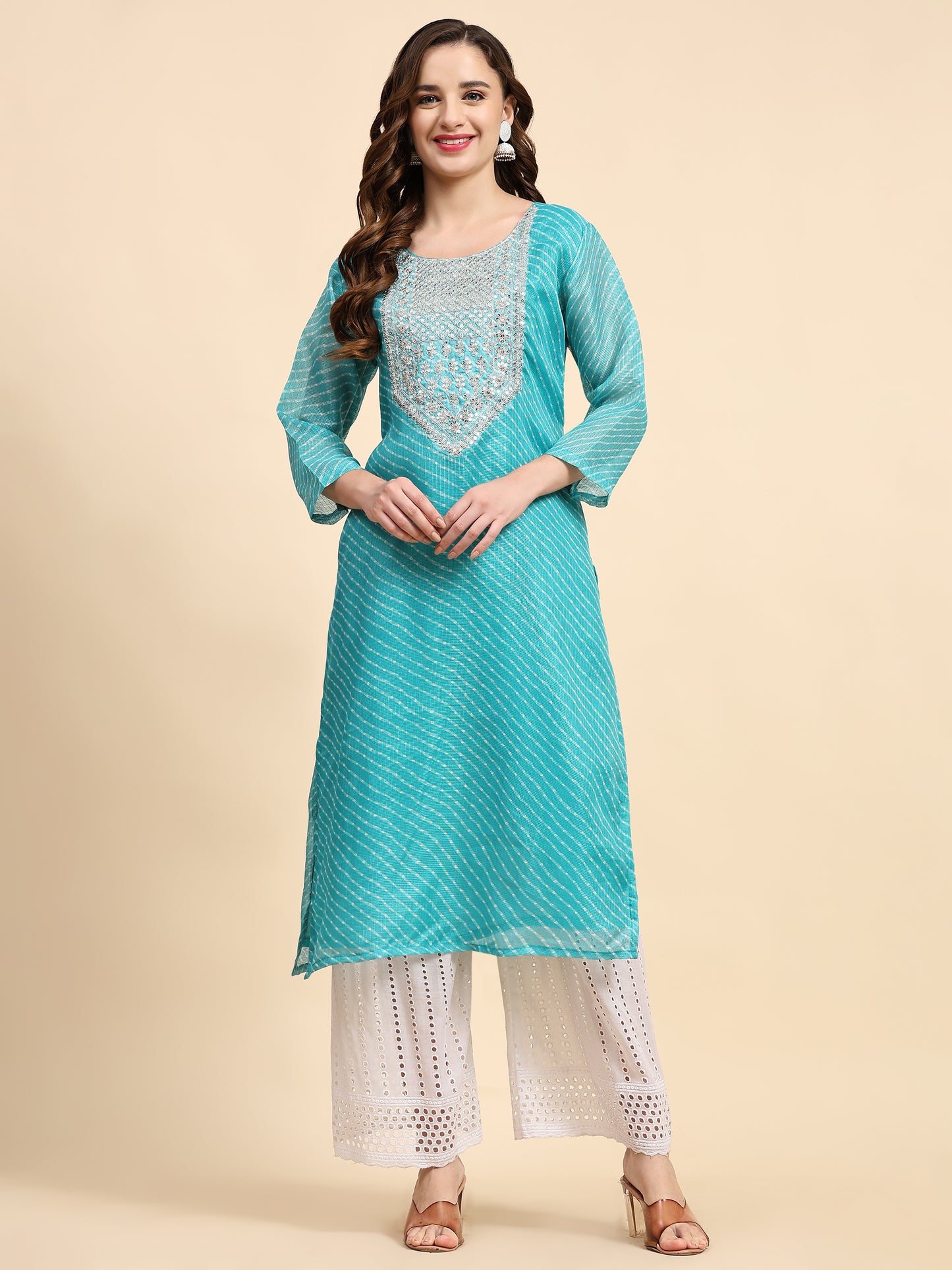 Teal Blue Embroidered Cotton Kurta with Trousers
