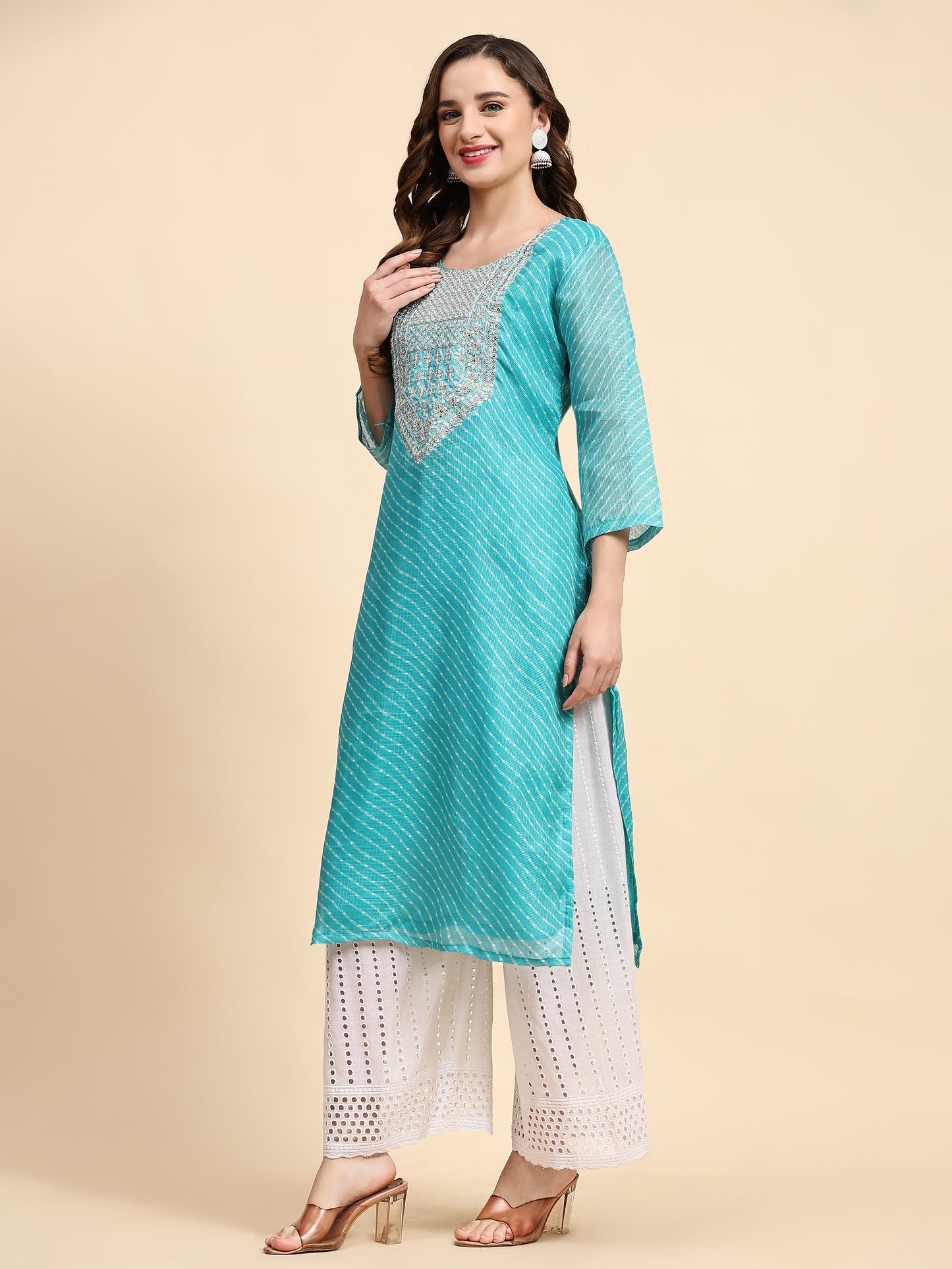 Teal Blue Embroidered Cotton Kurta with Trousers