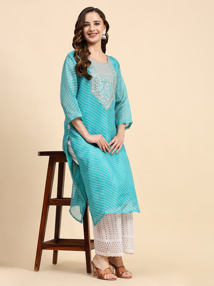 Teal Blue Embroidered Cotton Kurta with Trousers
