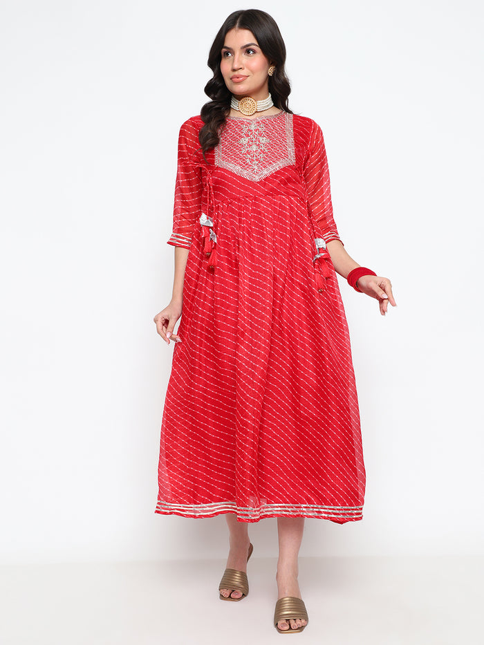 Red Leheriya Print Cotton Anarkali Kurta