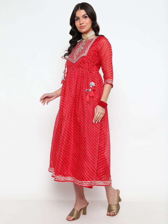 Red Leheriya Print Cotton Anarkali Kurta