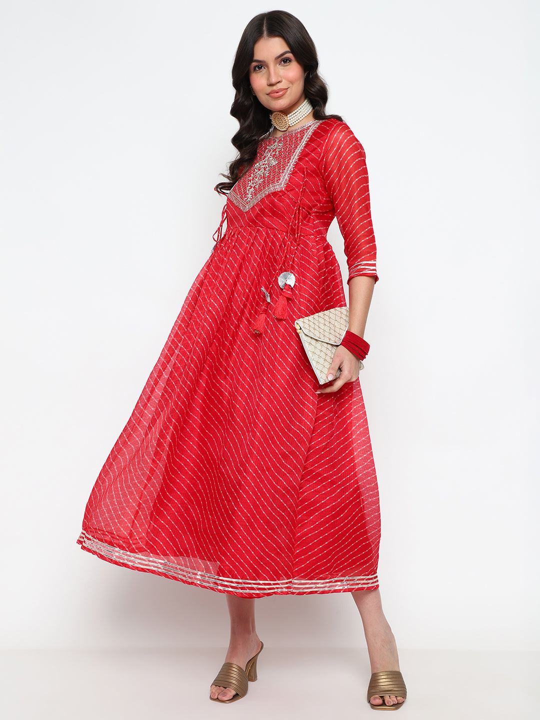 Red Leheriya Print Cotton Anarkali Kurta