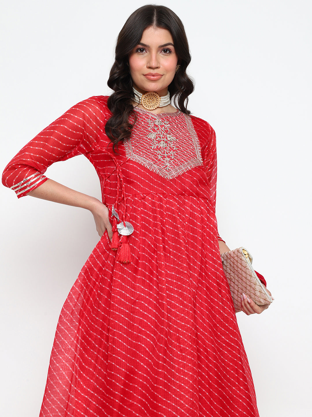 Red Leheriya Print Cotton Anarkali Kurta