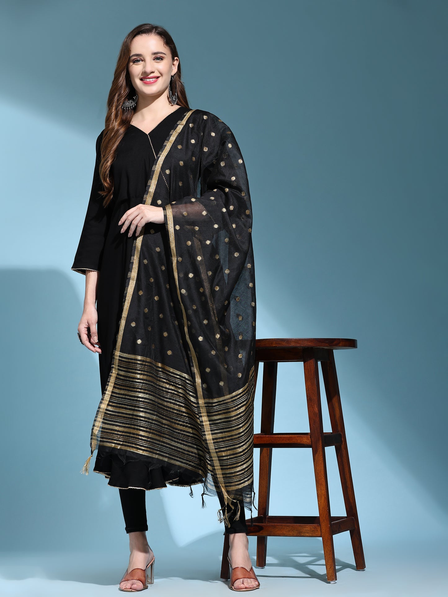 V-Neck Gotta Patti Detail A-Line Angrakha Ethnic Dress With Dupatta